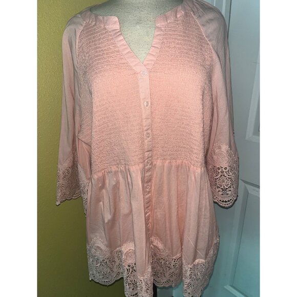 Womens Tunic Pink Lace Trim Smocked Front Button-Down Blouse Size 16 EC 46" Bust - Picture 1 of 6